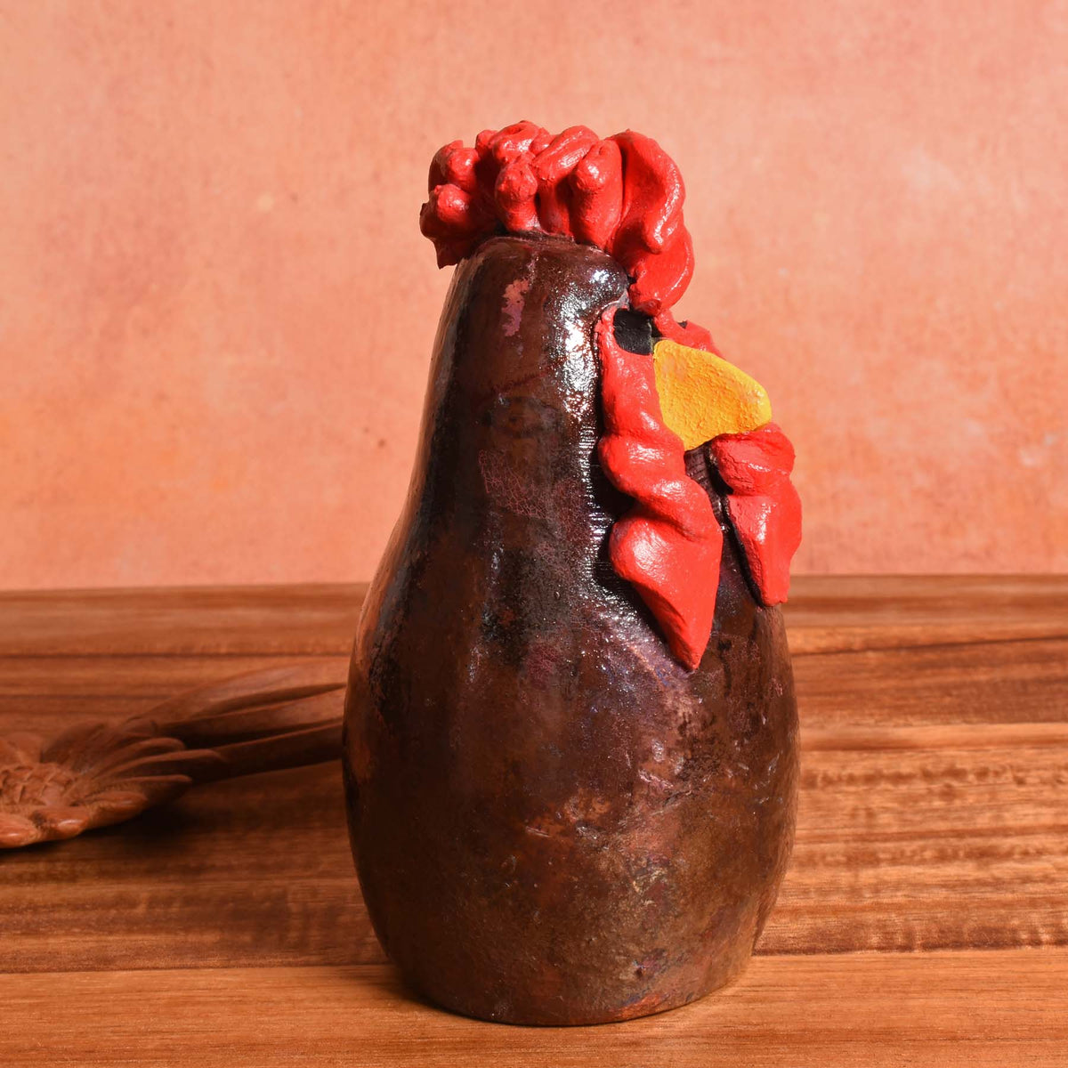 PotTerre Raku Pottery Small Chicken Figurine, Glossy Metallic Finish