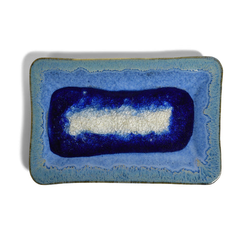 American Handmade 6"x 9" Rectangular Stoneware Tray with Crackled Fused Glass by Dock 6 Pottery, Starry Night Blue