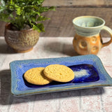 American Handmade 6"x 9" Rectangular Stoneware Tray with Crackled Fused Glass by Dock 6 Pottery, Starry Night Blue