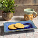 American Handmade 6"x 9" Rectangular Stoneware Tray with Crackled Fused Glass by Dock 6 Pottery, Starry Night Blue