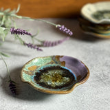 Handmade 4-1/2" Rippled Rim Trinket Dish with Crackled Fused Glass by Dock 6 Pottery, Purple Green, Each One Unique