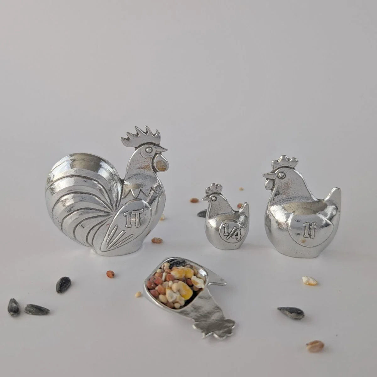 Roosters & Hens 4-Piece Pewter Measuring Spoon Set, Handmade in Oregon