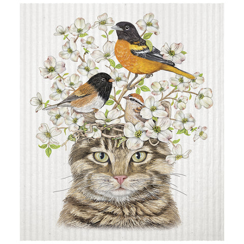 Mary Lake-Thompson Cat with Dogwood Blossoms and Birds Sponge Cloth, Eco-Friendly, Machine Washable