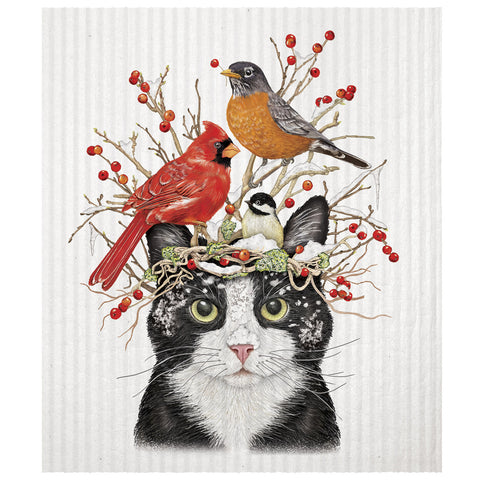 Mary Lake-Thompson Winter Cats with Birds Sponge Cloth, Eco-Friendly, Machine Washable