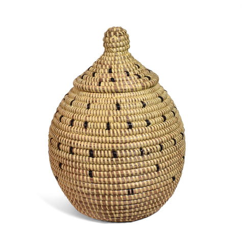 African Fair Trade Handwoven Gourd Basket, Cream with Black Dots