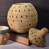 African Fair Trade Handwoven Gourd Basket, Cream with Black Dots