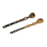 African Hand Carved Olive Wood Condiment Spoons with Bone Handles (Each One Unique), Set of 2