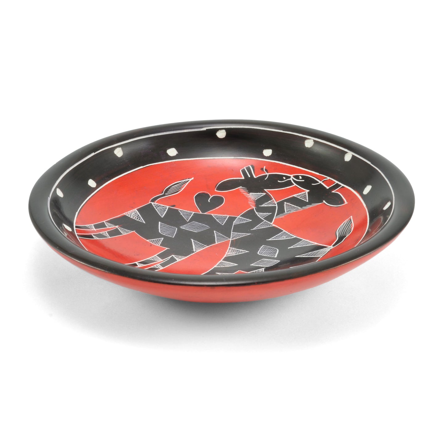 African Fair Trade Romancing Giraffes 5" Carved Soapstone Bowl (Each One Unique), Red/Black