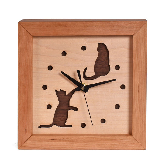 Sabbath Day Wood Cats at Play 8" Box Clock, Handmade in the USA of Cherry, Walnut, and Maple Wood