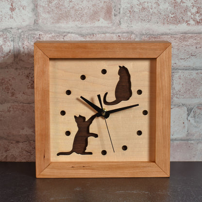Sabbath Day Wood Cats at Play 8" Box Clock, Handmade in the USA of Cherry, Walnut, and Maple Wood