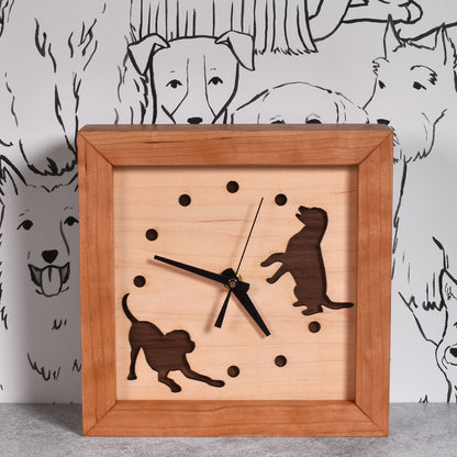 Sabbath Day Wood Dogs at Play 8" Box Clock, Handmade in the USA of Cherry, Walnut, and Maple Wood