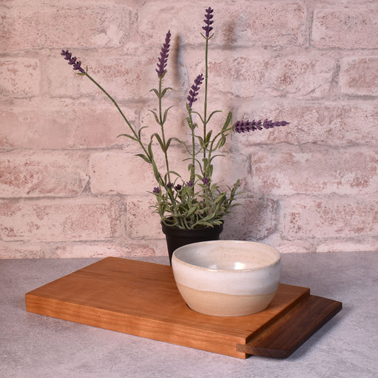 Pastry & Coffee Appalachian Cherry and Walnut Wood Serving Board with White Artisan Pottery Bowl