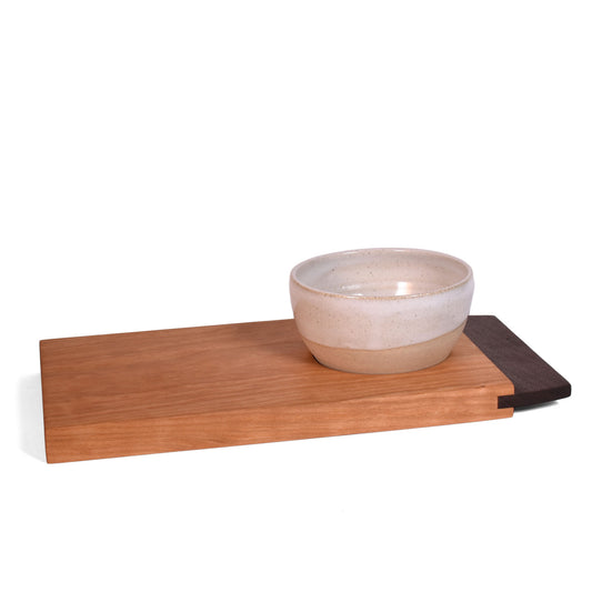 Pastry & Coffee Appalachian Cherry and Walnut Wood Serving Board with White Artisan Pottery Bowl