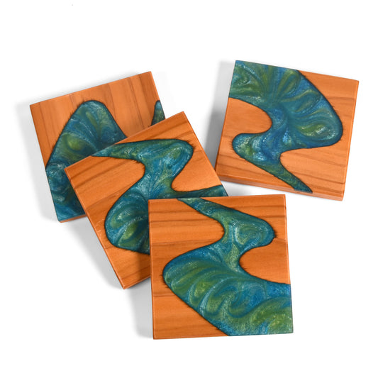 River American Handmade Wood and Resin Coasters, Set of 4
