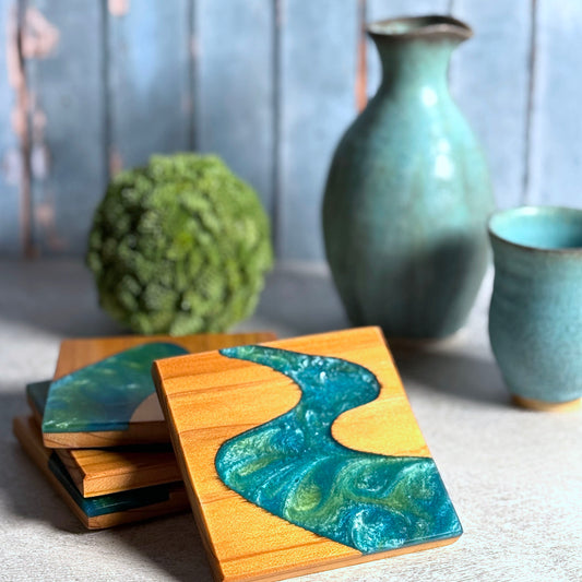 River American Handmade Wood and Resin Coasters, Set of 4