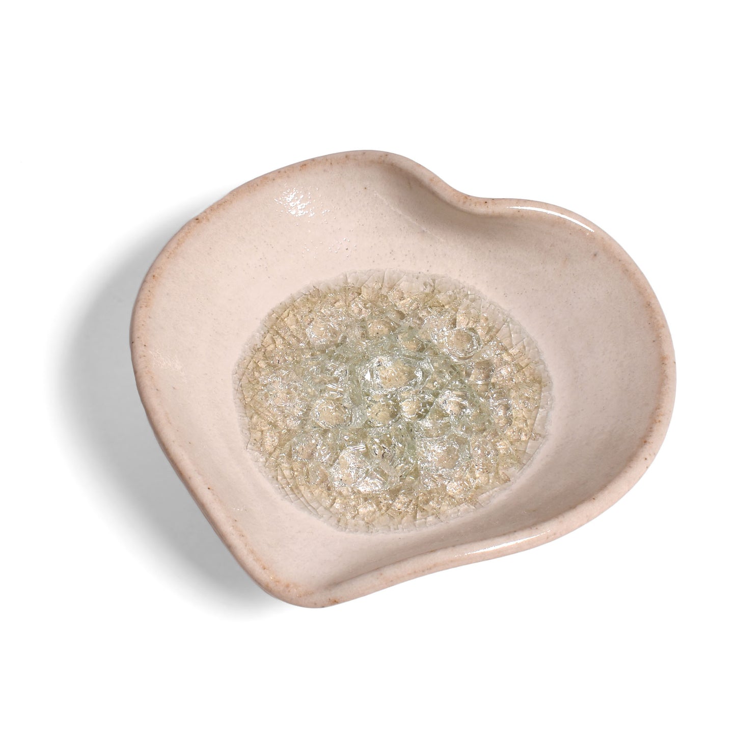 Heart-Shaped Ring Trinket Dish with Crackled Glass by Dock 6 Pottery, White