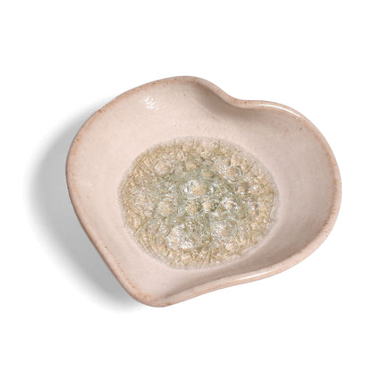 Heart-Shaped Ring Trinket Dish with Crackled Glass by Dock 6 Pottery, White