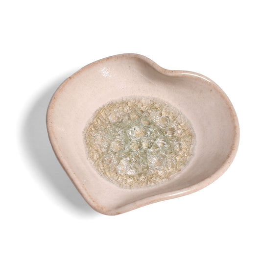 Heart-Shaped Ring Trinket Dish with Crackled Glass by Dock 6 Pottery, White