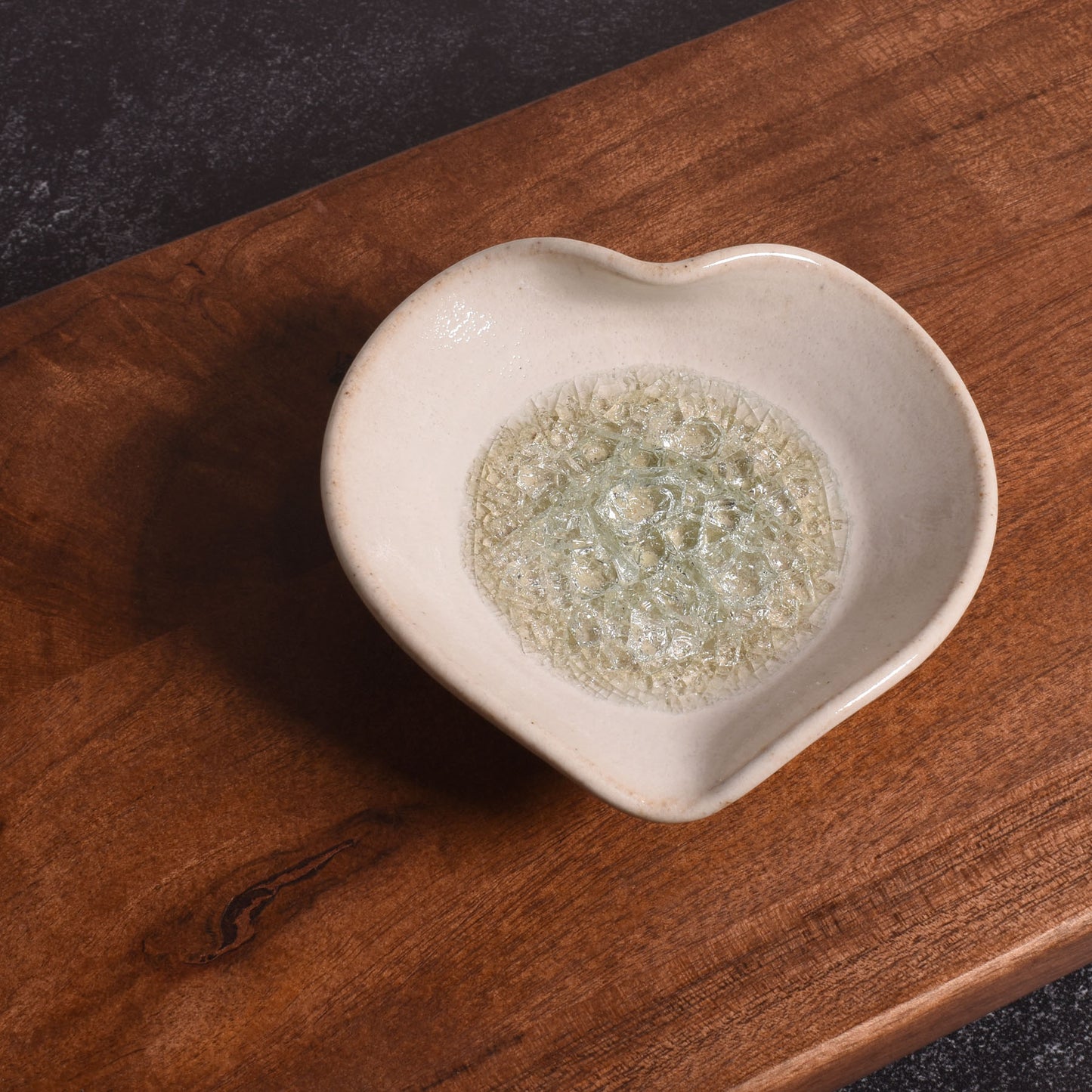 Heart-Shaped Ring Trinket Dish with Crackled Glass by Dock 6 Pottery, White