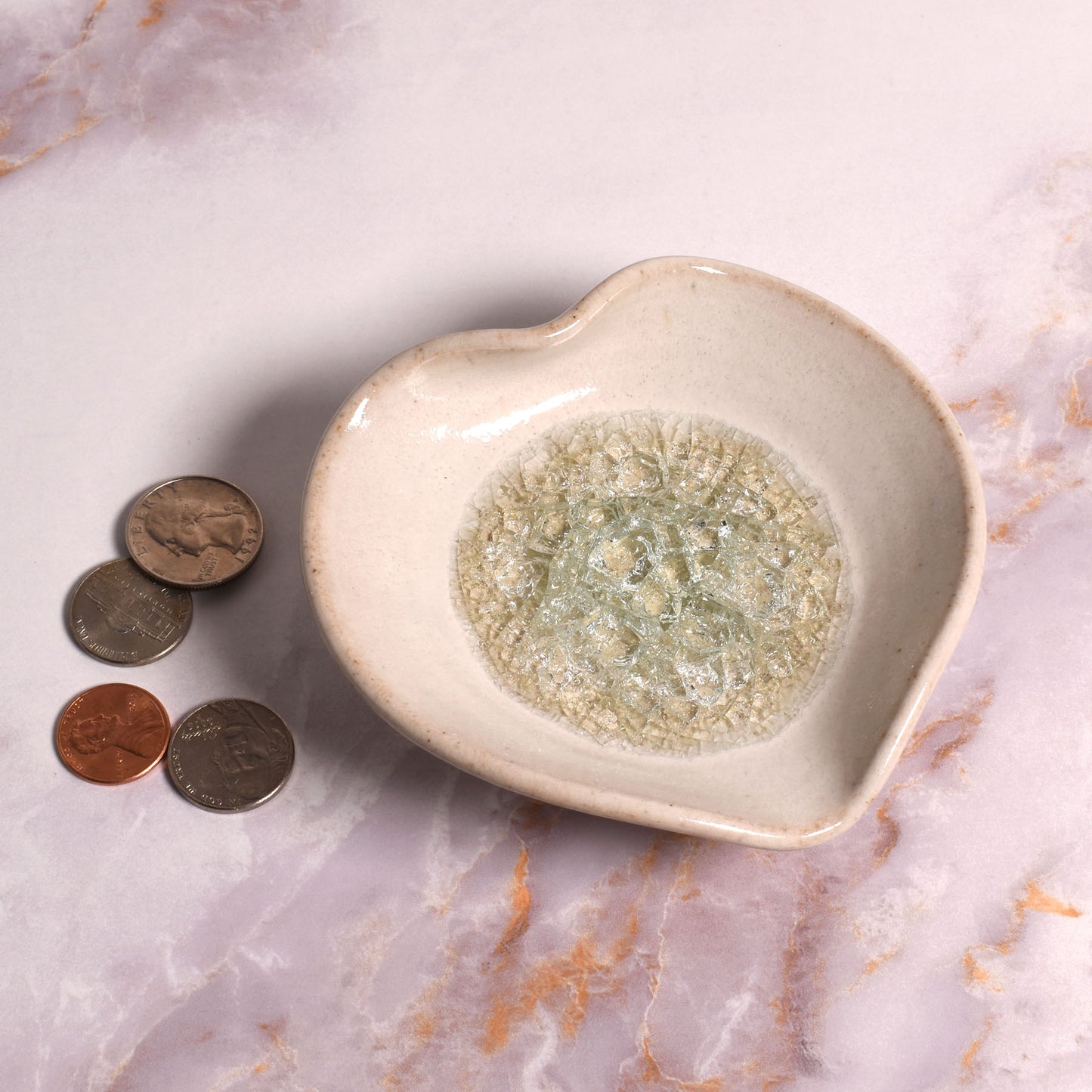 Heart-Shaped Ring Trinket Dish with Crackled Glass by Dock 6 Pottery, White