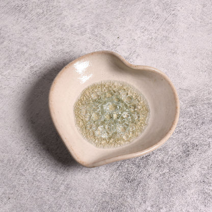 Heart-Shaped Ring Trinket Dish with Crackled Glass by Dock 6 Pottery, White