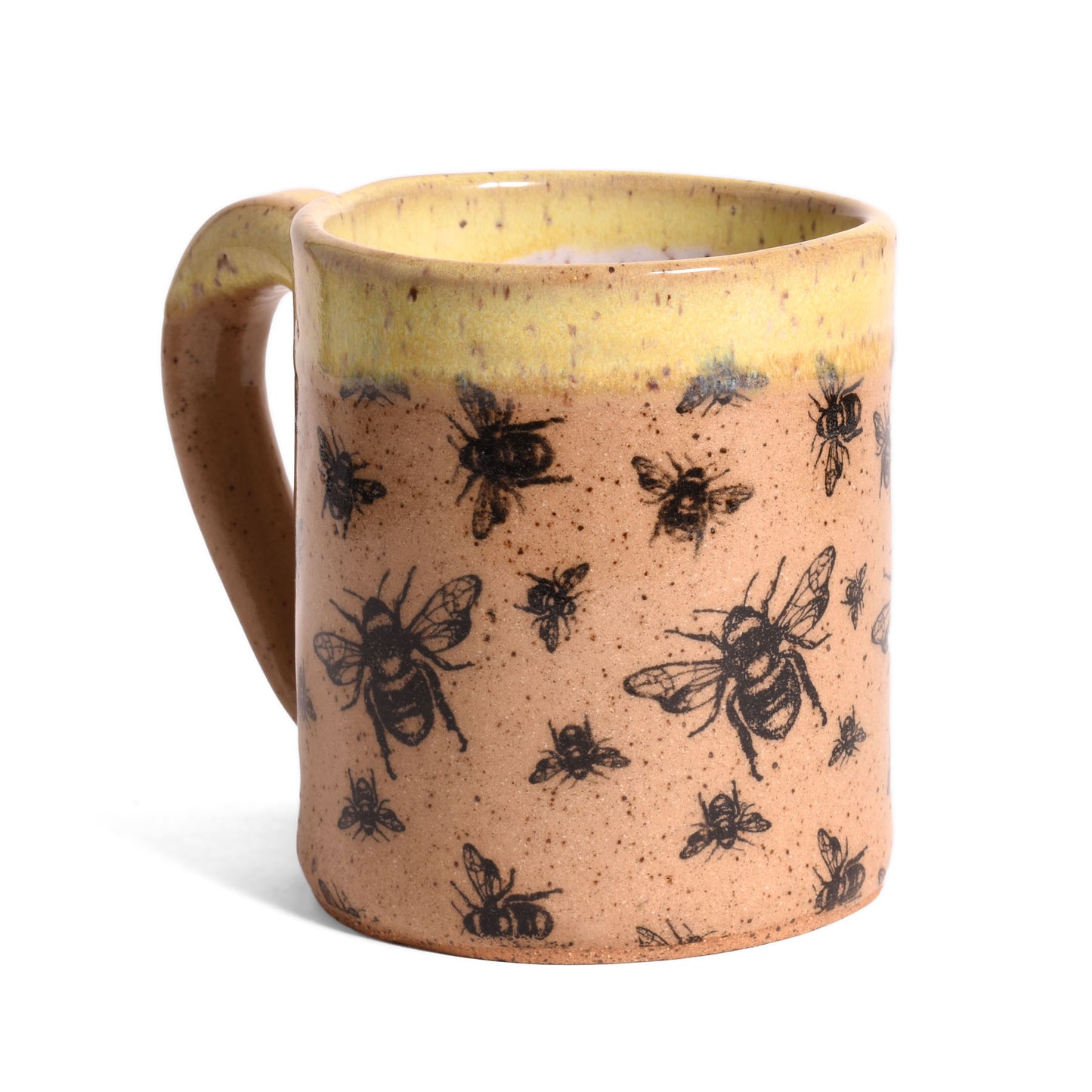 Stamped Bees Mug, Brown with Yellow Rim, Handmade American Pottery