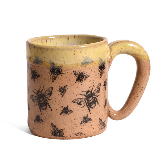 Stamped Bees Mug, Brown with Yellow Rim, Handmade American Pottery