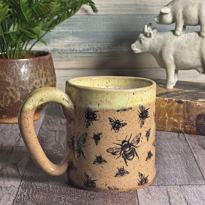 Stamped Bees Mug, Brown with Yellow Rim, Handmade American Pottery