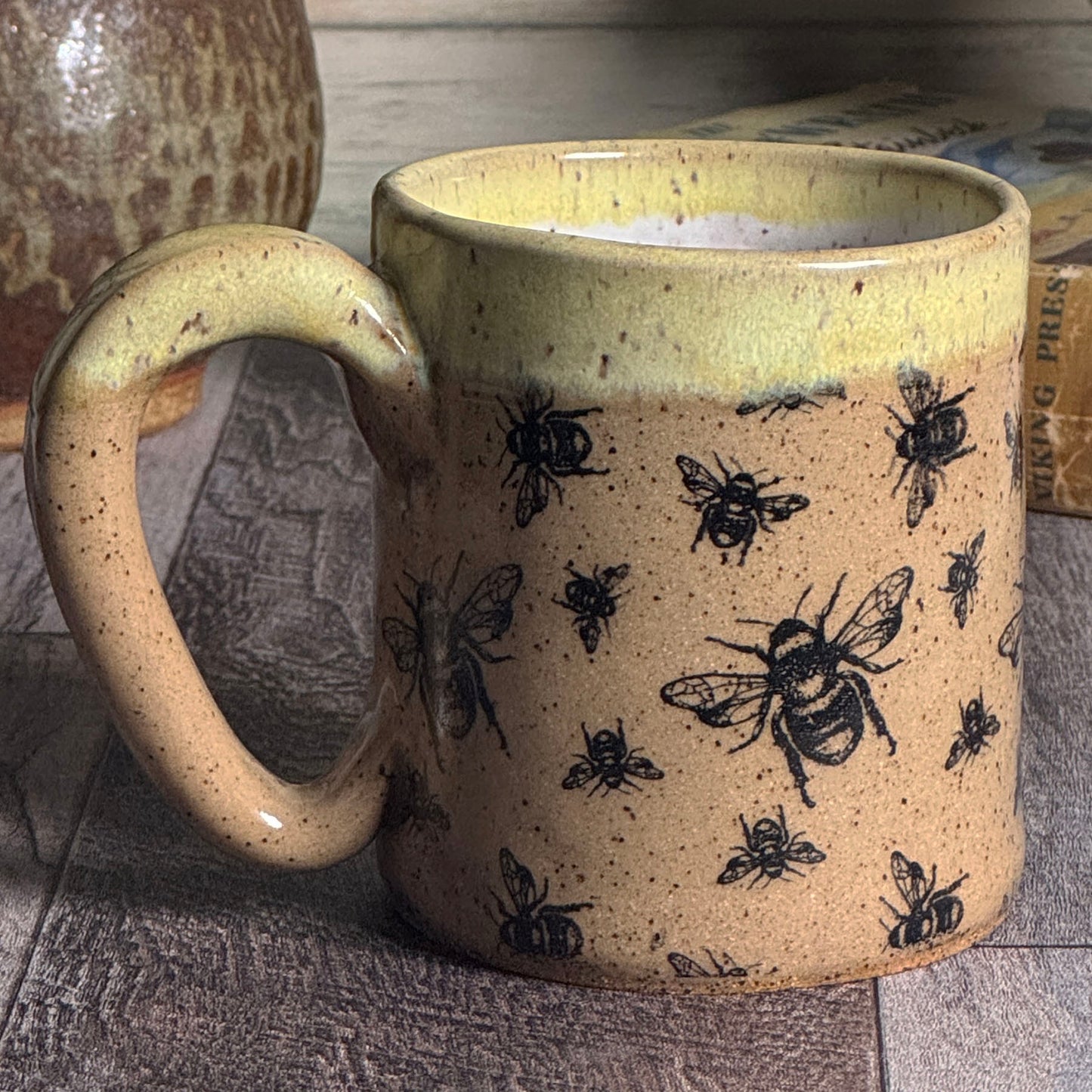 Stamped Bees Mug, Brown with Yellow Rim, Handmade American Pottery