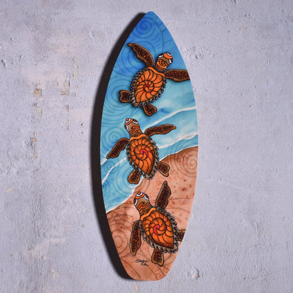 Baby Sea Turtles 18" Mini Surfboard Wall Plaque by Stephanie Kiker
