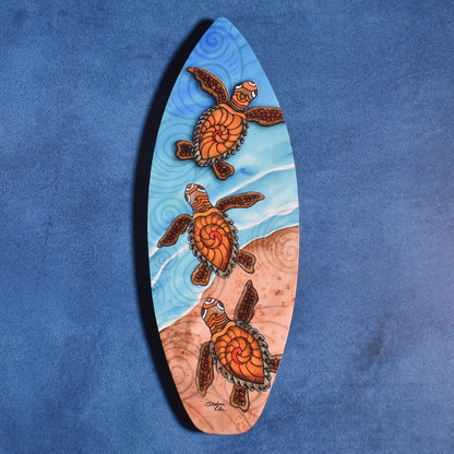 Baby Sea Turtles 18" Mini Surfboard Wall Plaque by Stephanie Kiker