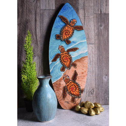Baby Sea Turtles 18" Mini Surfboard Wall Plaque by Stephanie Kiker