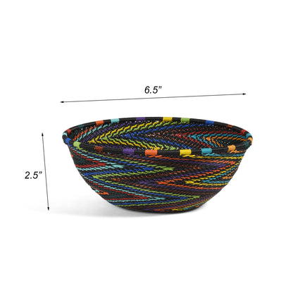 Fair Trade Zulu Handwoven Telephone Wire 6.5" Round Basket (Each One Varies), Intricate Patterns, African Rainbow