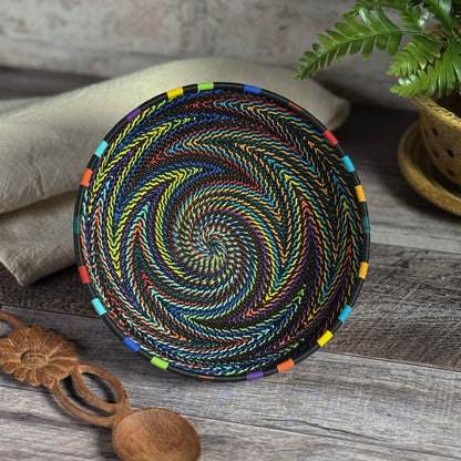 Fair Trade Zulu Handwoven Telephone Wire 6.5" Round Basket (Each One Varies), Intricate Patterns, African Rainbow