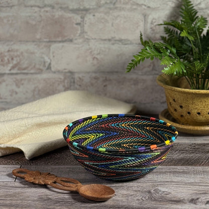 Fair Trade Zulu Handwoven Telephone Wire 6.5" Round Basket (Each One Varies), Intricate Patterns, African Rainbow