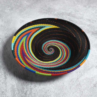 African Fair Trade Zulu Telephone Wire 9" Platter Basket, Each One Unique, African Rainbow Colorway