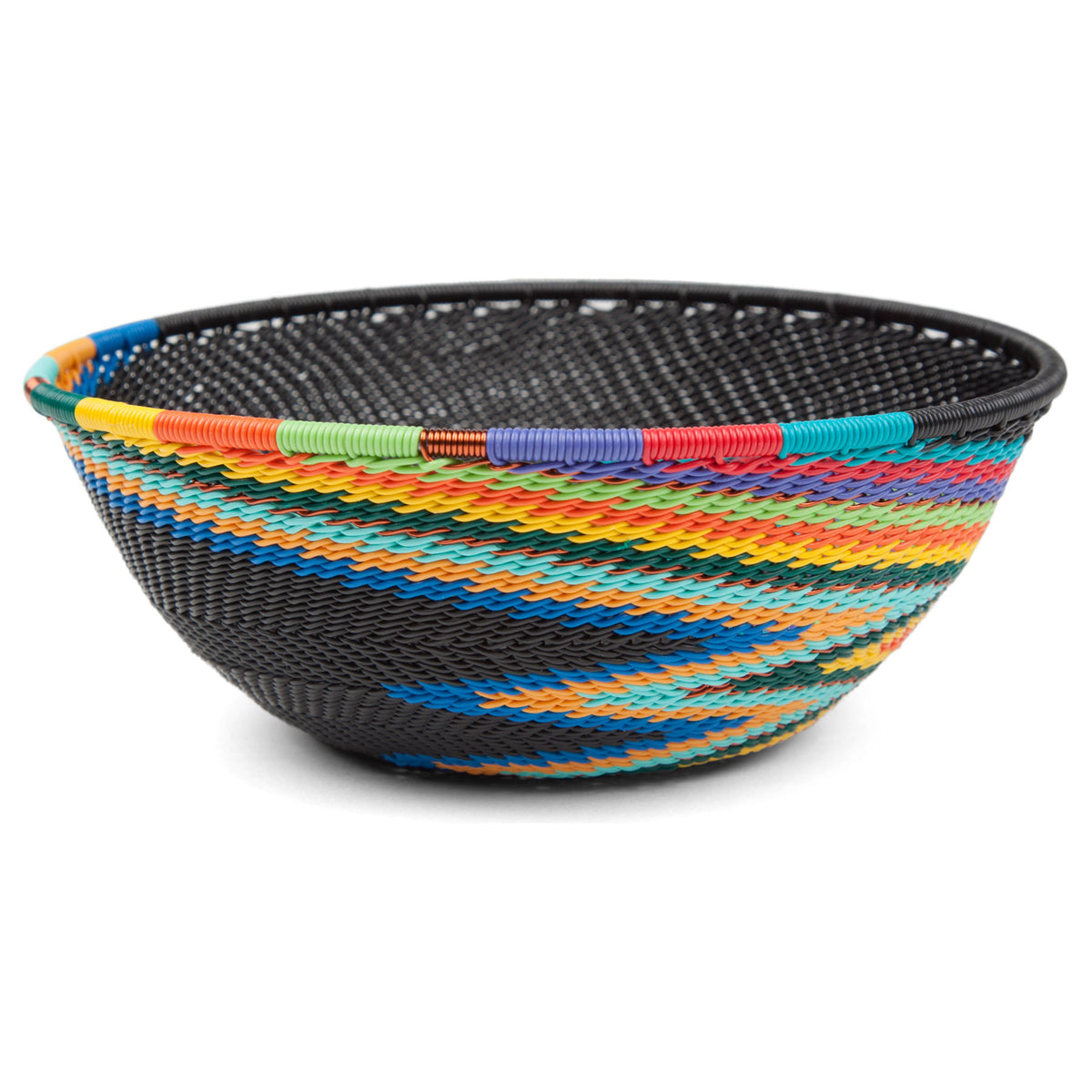 Handwoven Zulu Telephone Wire 5" Round Shallow Bowl Basket, African Rainbow