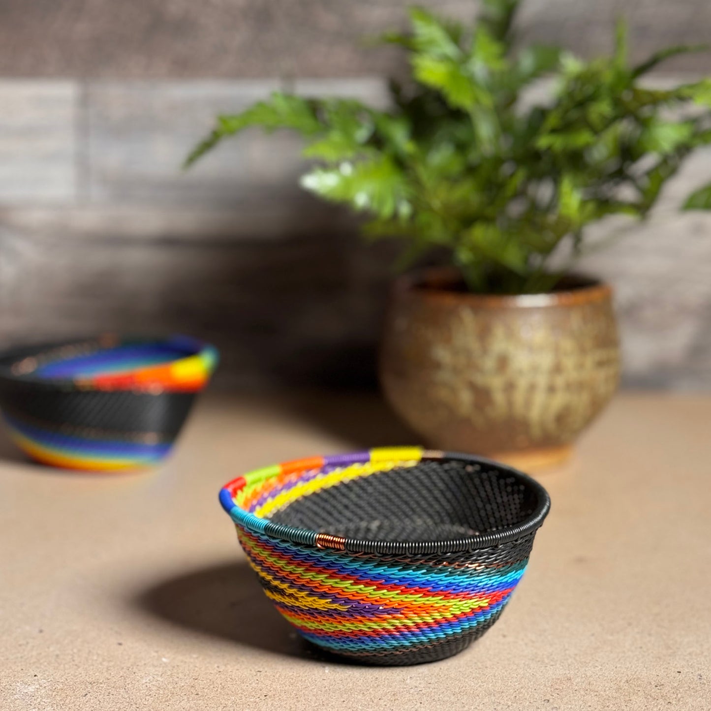 Fair Trade Zulu Telephone Wire 4-1/4" Small Triangle Basket, African Rainbow, Handwoven by African Makers, Each One Varies