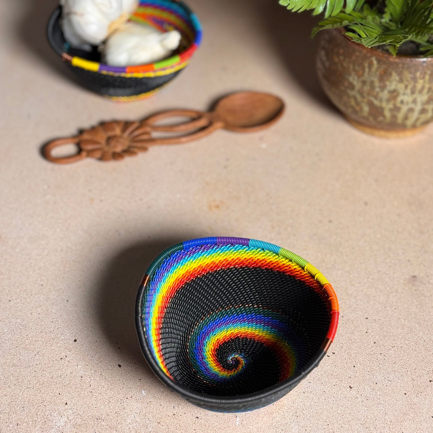 Fair Trade Zulu Telephone Wire 4-1/4" Small Triangle Basket, African Rainbow, Handwoven by African Makers, Each One Varies