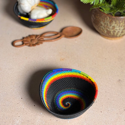 Fair Trade Zulu Telephone Wire 4-1/4" Small Triangle Basket, African Rainbow, Handwoven by African Makers, Each One Varies