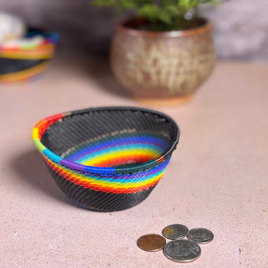 Fair Trade Zulu Telephone Wire 4-1/4" Small Triangle Basket, African Rainbow, Handwoven by African Makers, Each One Varies