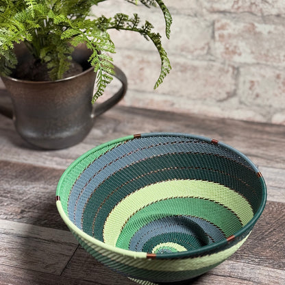 Fair Trade Zulu Telephone Wire 8" Pedestal Bowl, Emerald Swirl, Handwoven by African Makers, Each One Varies