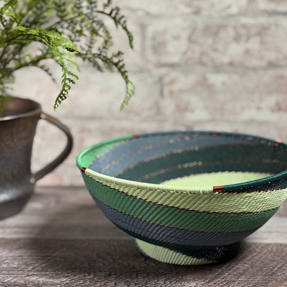 Fair Trade Zulu Telephone Wire 8" Pedestal Bowl, Emerald Swirl, Handwoven by African Makers, Each One Varies