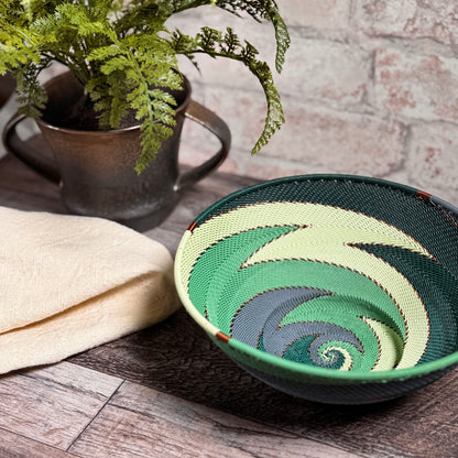 Fair Trade Zulu Telephone Wire 8" Pedestal Bowl, Emerald Zig-Zag, Handwoven by African Makers, Each One Varies