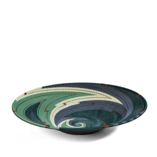 African Fair Trade Zulu Telephone Wire 12" Platter Basket, Emerald, Each One Unique (TW-EM-30P-B)