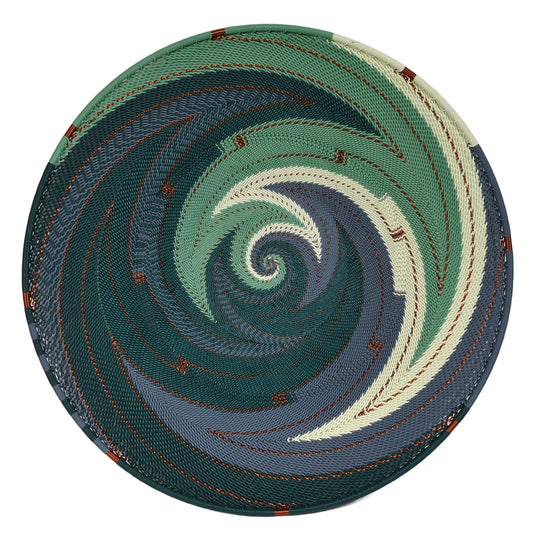 African Fair Trade Zulu Telephone Wire 12" Platter Basket, Emerald, Each One Unique (TW-EM-30P-B)