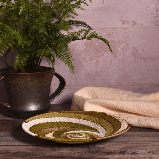 Fair Trade Zulu Telephone Wire 8" Shallow Platter Basket, Olive