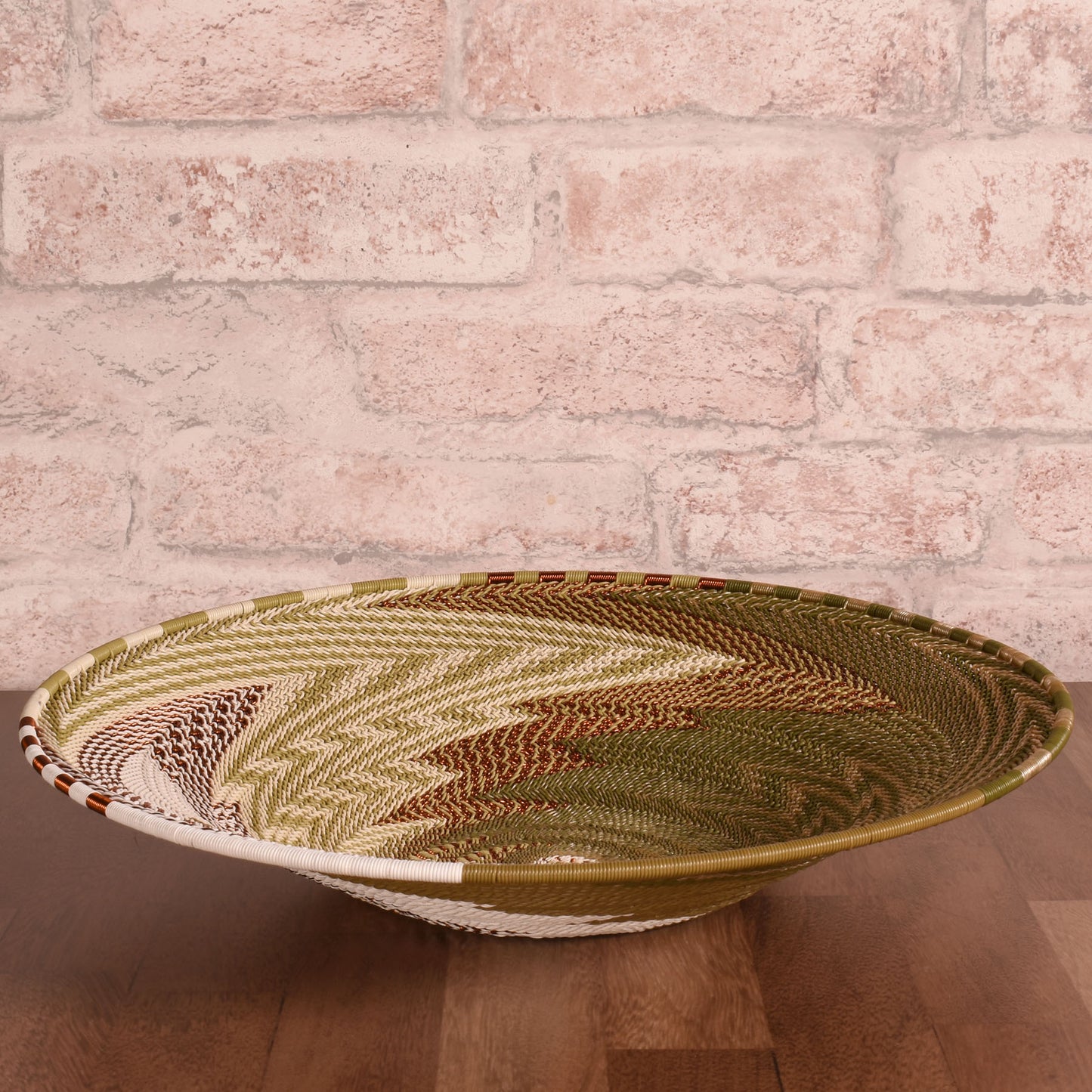 Fair Trade Zulu Telephone Wire 12" Shallow Platter Basket, Olive Green, Style B