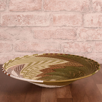 Fair Trade Zulu Telephone Wire 12" Shallow Platter Basket, Olive Green, Style B