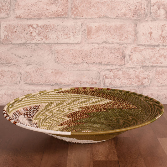 Fair Trade Zulu Telephone Wire 12" Shallow Platter Basket, Olive Green, Style B